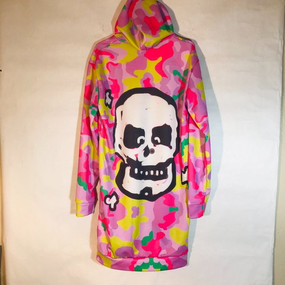 Pink Camouflage Skull Hoodie Long Mini Dress Size Extra Large Sweatshirt Skate - Picture 5 of 13